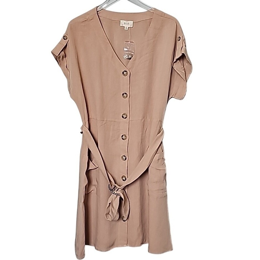 Perch Blu Pepper Summer NWT 1X Khaki Button Front Short Sleeve Casual Dress - Picture 2 of 9